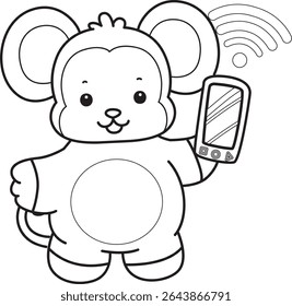Colorir páginas de engraçado bebê macaco série animal ilustração de estoque. Contorno da vida de projetos macacos macios. contorno de shiba inu trazer um telefone