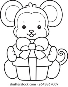 Coloring pages of Funny baby Monkey animal series stock illustration. Outline of life of fluffy Monkey designs. outline of monkey bring a gift box