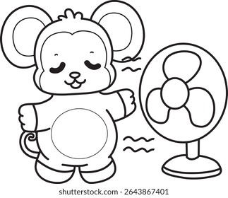 Coloring pages of Funny baby Monkey animal series stock illustration. Outline of life of fluffy Monkey designs. outline of monkey feel the air from the fan