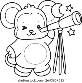Coloring pages of Funny baby Monkey animal series stock illustration. Outline of life of fluffy Monkey designs. outline of monkey see the moon by telescope 