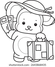 Coloring pages of Funny baby Monkey animal series stock illustration. Outline of life of fluffy Monkey designs. outline of monkey bring a Travelling bag