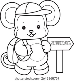 Coloring pages of Funny baby Monkey animal series stock illustration. Outline of life of fluffy Monkey designs. outline of monkey going to school