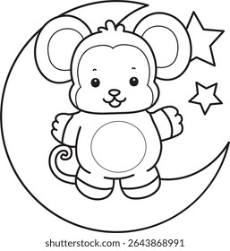 Coloring pages of Funny baby Monkey animal series stock illustration. Outline of life of fluffy Monkey designs. outline of monkey stand up in the moon