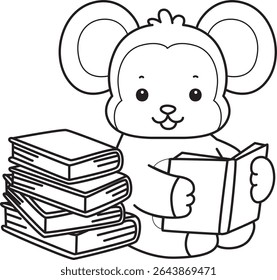 Coloring pages of Funny baby Monkey animal series stock illustration. Outline of life of fluffy Monkey designs. outline of monkey reading a book