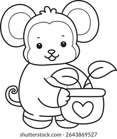 Coloring pages of Funny baby Monkey animal series stock illustration. Outline of life of fluffy Monkey designs. outline of monkey bring a leaves in the pot