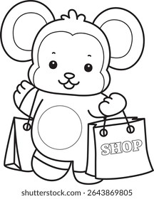 Coloring pages of Funny baby Monkey animal series stock illustration. Outline of life of fluffy Monkey designs. outline of monkey bring a shopping bag