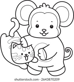 Colorir páginas de engraçado bebê macaco série animal ilustração de estoque. Contorno da vida de projetos de macaco fofo. contorno de macaco melhor amigo com gatinho