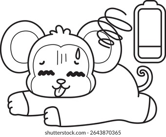 Coloring pages of Funny baby Monkey animal series stock illustration. Outline of life of fluffy Monkey designs. outline of monkey was so tired
