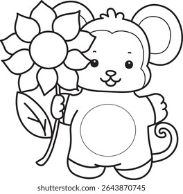 Colorir páginas de engraçado bebê macaco série animal ilustração de estoque. Contorno da vida de projetos de macaco fofo. contorno de macaco trazer uma flor de sol