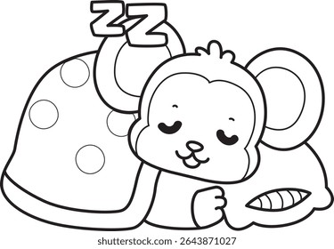 Coloring pages of Funny baby Monkey animal series stock illustration. Outline of life of fluffy Monkey designs. outline of outline sleeping with blanket