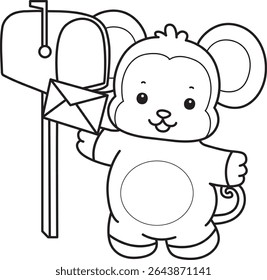 Coloring pages of Funny baby Monkey animal series stock illustration. Outline of life of fluffy Monkey designs. outline of monkey sending a message by mail box