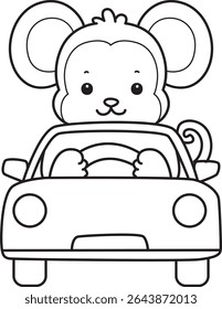 Colorir páginas de engraçado bebê macaco série animal ilustração de estoque. Contorno da vida de projetos de macacos macios. contorno de macaco dirigindo um carro