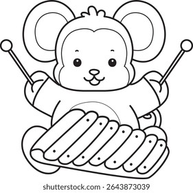 Coloring pages of Funny baby Monkey animal series stock illustration. Outline of life of fluffy Monkey designs. outline of monkey playing a xylophone