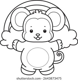 Coloring pages of Funny baby Monkey animal series stock illustration. Outline of life of fluffy Monkey designs. outline of monkey in front of the rainbow 
