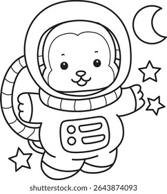 Coloring pages of Funny baby Monkey animal series stock illustration. Outline of life of fluffy Monkey designs. outline of monkey wearing an astronaut costume