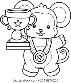 Coloring pages of Funny baby Monkey animal series stock illustration. Outline of life of fluffy Monkey designs. outline of monkey is number one