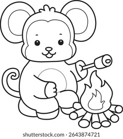 Coloring pages of Funny baby Monkey animal series stock illustration. Outline of life of fluffy Monkey designs. outline of monkey roasting marshmallow in the fire place 