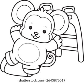 Coloring pages of Funny baby Monkey animal series stock illustration. Outline of life of fluffy Monkey designs. outline of monkey in the sliding