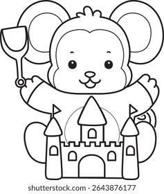 Coloring pages of Funny baby Monkey animal series stock illustration. Outline of life of fluffy Monkey designs. outline of monkey playing a sand castle