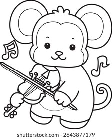 Coloring pages of Funny baby Monkey animal series stock illustration. Outline of life of fluffy Monkey designs. outline of monkey playing a violin
