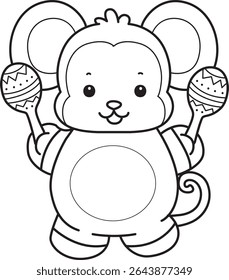 Coloring pages of Funny baby Monkey animal series stock illustration. Outline of life of fluffy Monkey designs. outline of monkey playing a maracas