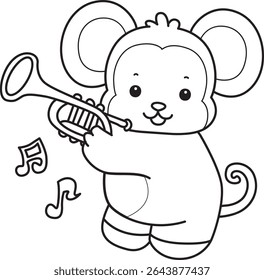 Coloring pages of Funny baby Monkey animal series stock illustration. Outline of life of fluffy Monkey designs. outline of monkey playing a trumpet