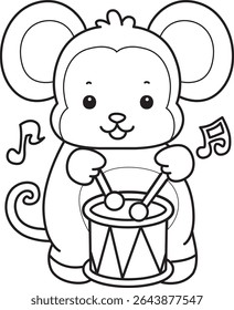 Coloring pages of Funny baby Monkey animal series stock illustration. Outline of life of fluffy Monkey designs. outline of monkey playing a drum in the festival