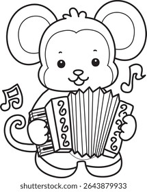Coloring pages of Funny baby Monkey animal series stock illustration. Outline of life of fluffy Monkey designs. outline of monkey playing with Accordion