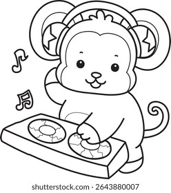 Coloring pages of Funny baby Monkey animal series stock illustration. Outline of life of fluffy Monkey designs. outline of monkey playing a disc in the club