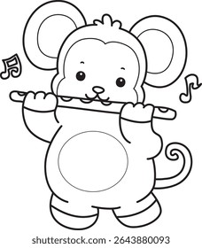 Coloring pages of Funny baby Monkey animal series stock illustration. Outline of life of fluffy Monkey designs. outline of monkey playing a flute