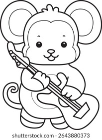 Coloring pages of Funny baby Monkey animal series stock illustration. Outline of life of fluffy Monkey designs. outline of monkey playing an electric guitar
