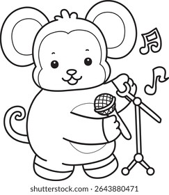 Coloring pages of Funny baby Monkey animal series stock illustration. Outline of life of fluffy Monkey designs. outline of monkey sing a song with microphone