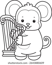 Coloring pages of Funny baby Monkey animal series stock illustration. Outline of life of fluffy Monkey designs. outline of monkey playing a harpa
