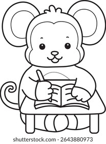 Coloring pages of Funny baby Monkey animal series stock illustration. Outline of life of fluffy Monkey designs. outline of monkey writing in the notebook