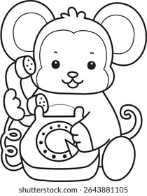 Coloring pages of Funny baby Monkey animal series stock illustration. Outline of life of fluffy Monkey designs. outline of monkey calling in the telephone