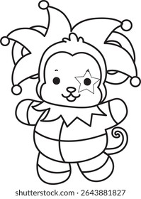 Coloring pages of Funny baby Monkey animal series stock illustration. Outline of life of fluffy Monkey designs. outline of monkey wearing a clown costume 