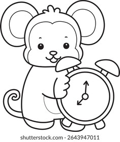 Coloring pages of Funny baby Monkey animal series stock illustration. Outline of life of fluffy Monkey designs. outline of monkey bring an alarm clock