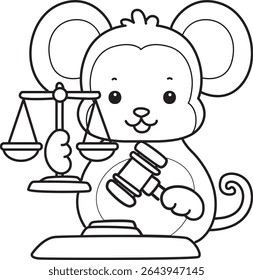 Coloring pages of Funny baby Monkey animal series stock illustration. Outline of life of fluffy Monkey designs. outline of monkey bring a hammer and scales