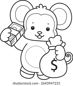Coloring pages of Funny baby Monkey animal series stock illustration. Outline of life of fluffy Monkey designs. outline of monkey bring a lot of money