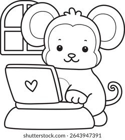 Coloring pages of Funny baby Monkey animal series stock illustration. Outline of life of fluffy Monkey designs. outline of monkey typing in the notepad