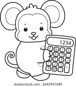 Coloring pages of Funny baby Monkey animal series stock illustration. Outline of life of fluffy Monkey designs. outline of monkey bring a calculator 