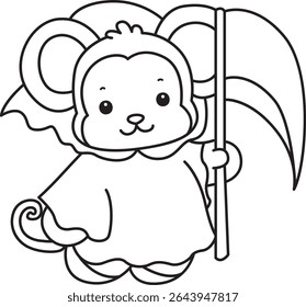 Coloring pages of Funny baby Monkey animal series stock illustration. Outline of life of fluffy Monkey designs. outline of monkey like an angel of death 