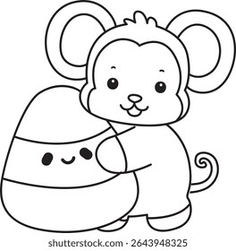 Coloring pages of Funny baby Monkey animal series stock illustration. Outline of life of fluffy Monkey designs. outline of monkey hugging a yellow candy