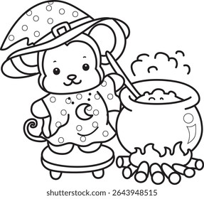 Coloring pages of Funny baby Monkey animal series stock illustration. Outline of life of fluffy Monkey designs. outline of witch monkey cooking a potion