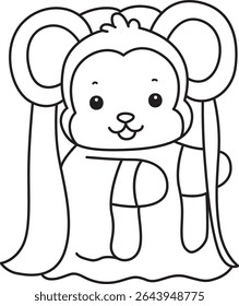 Coloring pages of Funny baby Monkey animal series stock illustration. Outline of life of fluffy Monkey designs. outline of monkey wearing white ghost and long hair costume