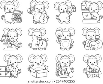 Coloring pages of Funny baby Monkey animal series stock illustration. Lineart of life of fluffy Monkey designs.
Outline of monkey in the variation of money and finance