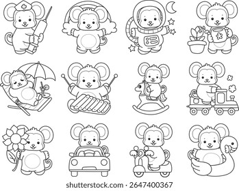 Coloring pages of Funny baby Monkey animal series stock illustration. Lineart of life of fluffy Monkey designs. Outline of monkey in the variation of transportation
