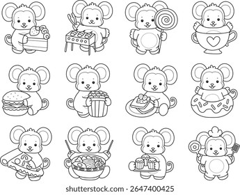 Colorir páginas de engraçado bebê macaco série animal ilustração de estoque. Lineart da vida de projetos de macacos macios. Contorno de macaco na variação de junk food e lanche
