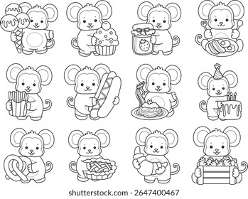Coloring pages of Funny baby Monkey animal series stock illustration. Lineart of life of fluffy Monkey designs.
Outline of monkey in the variation of fast food and dessert