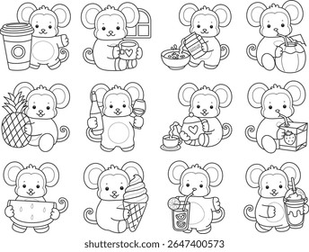Coloring pages of Funny baby Monkey animal series stock illustration. Lineart of life of fluffy Monkey designs.
Outline of monkey in the variation of drink and beverage